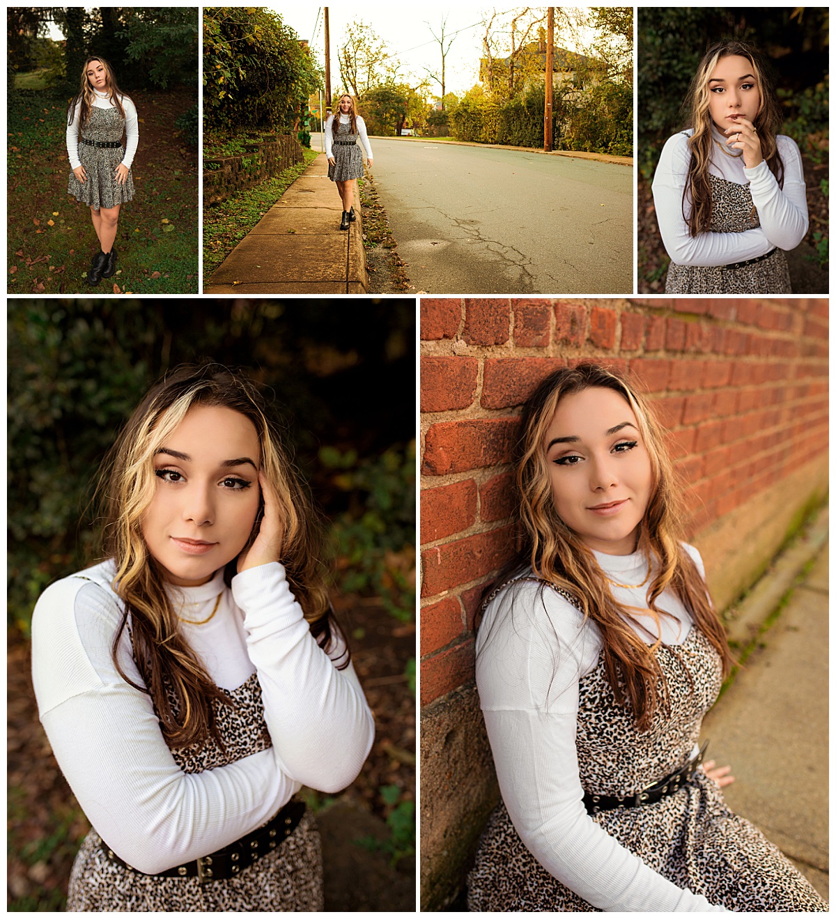 girl walks down road and leans on brick wall during senior portraits