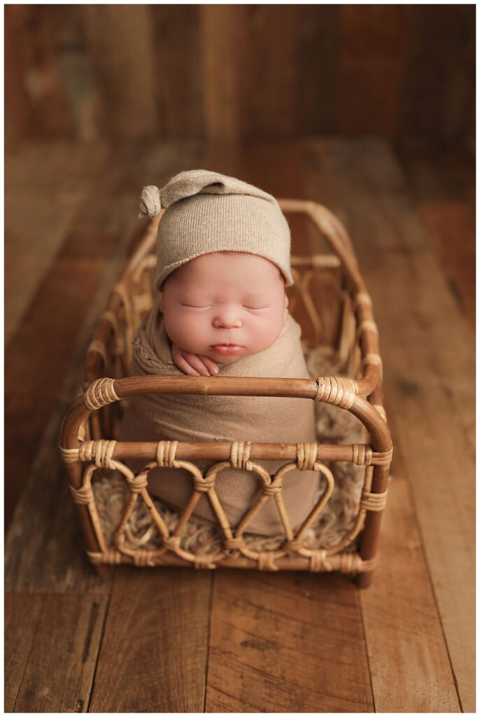 little one sits in basket swaddled by Charlottesville newborn photographer