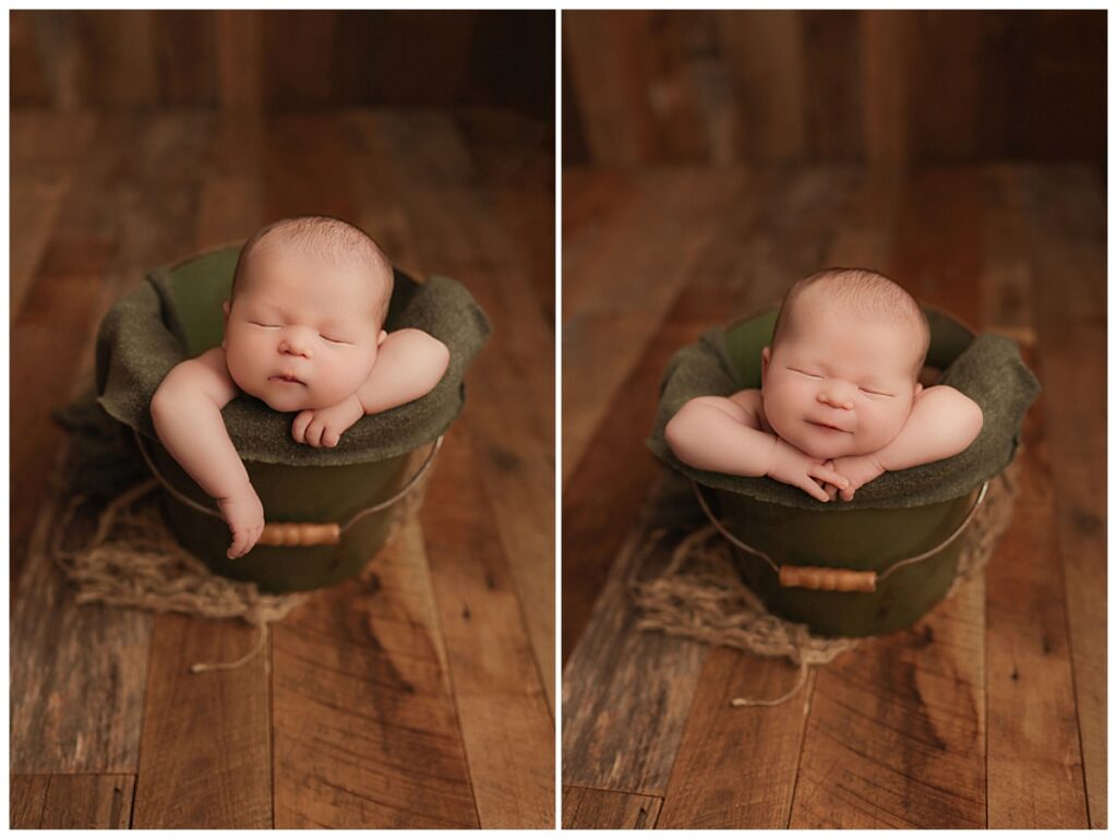 smiling baby sits in bucket by Charlottesville newborn photographer