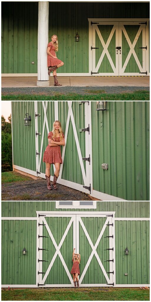 blonde in cowboy boots leans on a post in front of barn by Amy Yang Photography