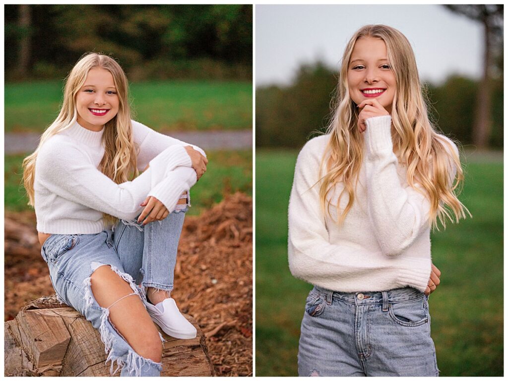 high school student sits on stump with her knee up by Charlottesville luxury photographer